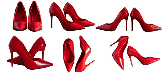 vibrant red high heels, elegant women's shoes captured from various perspectives, ideal for...