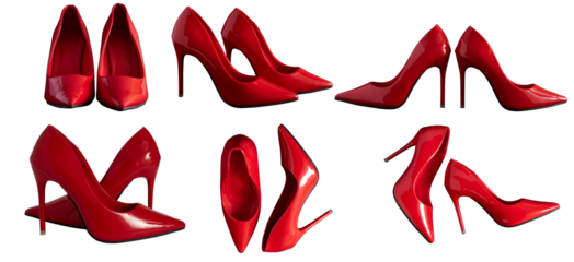 vibrant red high heels, elegant women's shoes captured from various perspectives, ideal for fashion, luxury, and style content.
