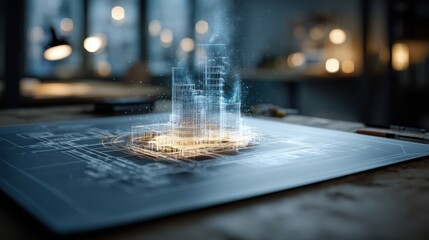 A futuristic architectural design emerging from blueprints, showcasing a glowing cityscape with intricate details in a modern workspace.
