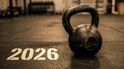 Kettlebell weightlifting equipment in a gym setting with a 2026 resolution goal displayed prominently nearby always