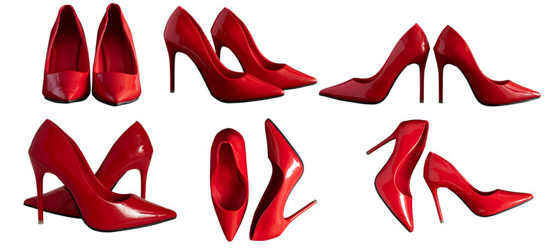 vibrant red high heels, elegant women's shoes captured from various perspectives, ideal for fashion, luxury, and style content.