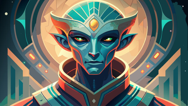 Very beautiful vector illustration of a thoughtful humanized alien with ancient wisdom, glowing eyes and symbolic markings, representing intelligence, philosophy, and cosmic knowledge.