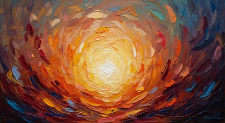 Vibrant abstract painting with swirling colors radiating from a bright center, evoking warmth and energy.