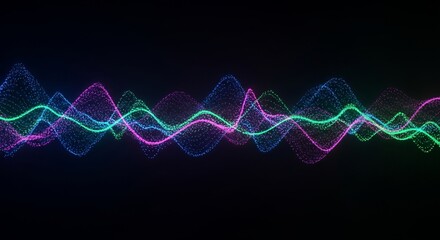 Vibrant sound waves pulse with electric energy, representing music and data flow.
