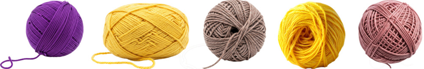 a colorful photographic collection of wool rolls, showcasing vibrant yarn for knitting and crafting projects, isolated on a clean background.