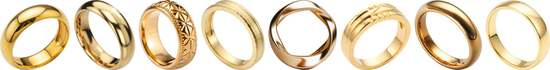 a luxurious photographic collection of various gold rings, showcasing elegant and modern designs, perfect for jewelry and fashion-related content.