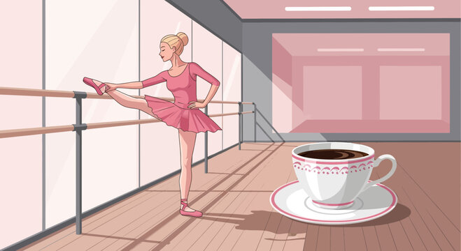 Ballet Dancer in Pink Tutu Stretching.