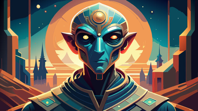 Very beautiful vector illustration of a thoughtful humanized alien with ancient wisdom, glowing eyes and symbolic markings, representing intelligence, philosophy, and cosmic knowledge.