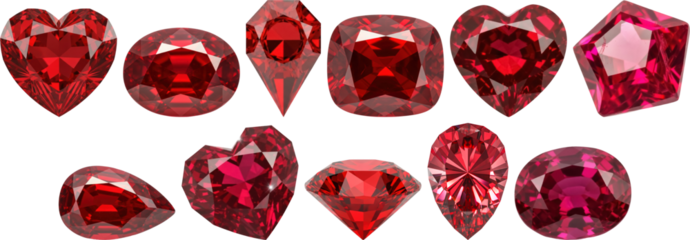 beautiful array of faceted red ruby gemstones in various cuts, isolated on a transparent background, a detailed 3d render.