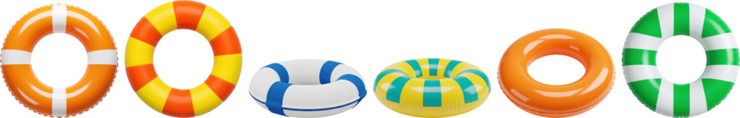 colorful inflatable swimming buoys and rings, featuring diverse patterns, isolated on black, a crisp studio photograph.