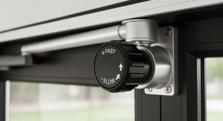 Closeup of tension adjustment knob on a pneumatic stormdoor closer demonstrating easy user access for door closing speed modifications.