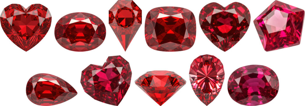 beautiful array of faceted red ruby gemstones in various cuts, isolated on a transparent background, a detailed 3d render.