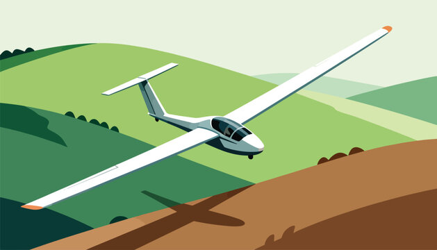 A white glider soars over rolling green hills and brown fields