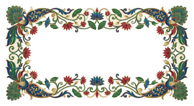 Title: Ornate rectangular frame with colorful peacock feathers and floral in a symmetrical pattern isolated on a transparent background