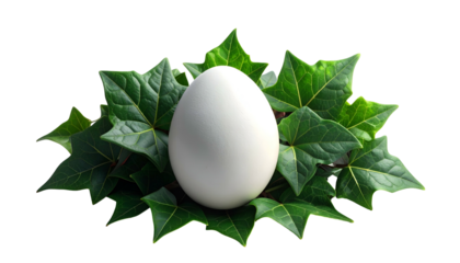 White egg nestled amidst vibrant green ivy leaves on black background