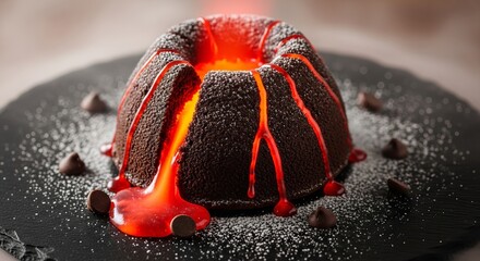 Decadent chocolate lava cake erupting with molten red center, dusted with powdered sugar