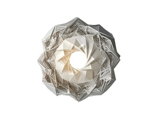 Architectural, geometric abstract sculpture, lit internally, on black background