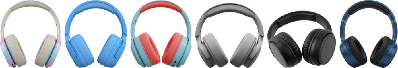 modern photograph depicting a stylish array of over-ear headphones in various contemporary colors, perfect for audio enthusiasts.
