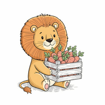 Lion Cartoon Holding Carrot Crate - Cute Animal Illustration