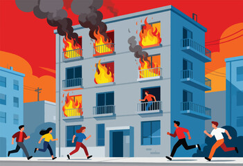 People flee a burning apartment building with flames and smoke engulfing multiple floors