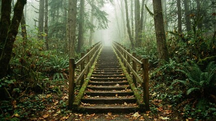 Misty forest staircase surrounded by lush greenery and tall trees leading to a mysterious foggy destination slowly