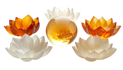 Lotus flowers frame a central sphere, all glowing on a dark backdrop