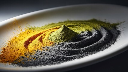 Vibrant colored powders swirled into a mesmerizing spiral on a white plate, creating a visually striking abstract pattern.