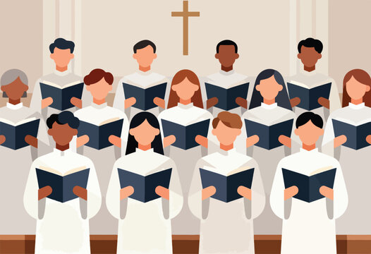 Diverse group sings from books in front of a cross