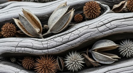 Textured dried seed pods and weathered wood create a natural, organic composition