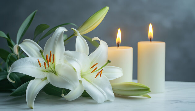 White lilies and lit candles arranged on a marble surface against a grey backdrop. This scene evokes peace and remembrance for a funeral or memorial service.