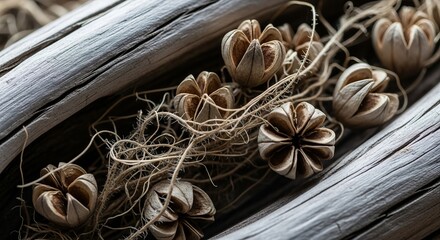 Delicate dried seed pods and natural fibers arranged artistically on weathered driftwood