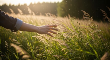 Gentle hand brushes through sunlit tall grass in a peaceful meadow