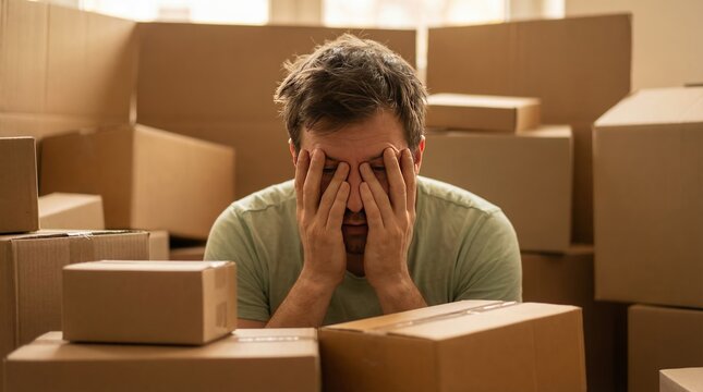 Stressed man surrounded by numerous cardboard boxes in a cluttered storage room with a overwhelmed expression
