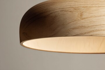 close-up detail of a pendant lamp made of white oak with warm light shining through, neutral tones, soft shadows.