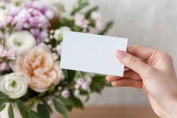 closeup of a woman hand holding a blank white business card, mockup. a beautiful bouquet of flowers is in the background