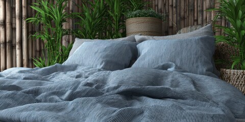 close-up of blue-striped linen bed sheets in the foreground, grey pillows on top, with bamboo walls and plants in the background.