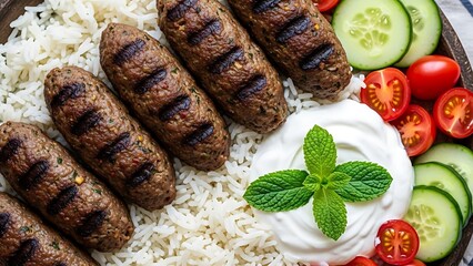 A delicious gourmet meal of grilled meat with rice and fresh vegetables. A perfect culinary delight