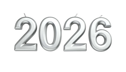 Shiny, metallic year 2026 floating on a solid black background