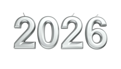 Shiny, metallic year 2026 floating on a solid black background