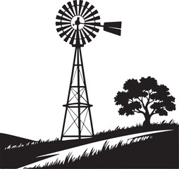 Traditional Farm Windmill and Tree Silhouette on Rural Landscape Vector Icon