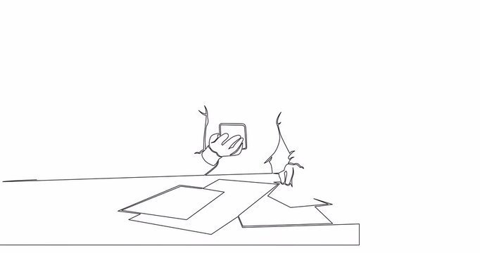 Self drawing line animation Accountant Woman Work on Table with paper, and calculator continuous one single line drawn concept video