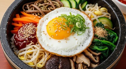 Vibrant and delicious Korean bibimbap served in a hot stone bowl, a visually appealing and flavorful meal.