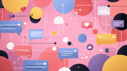 Colorful Abstract Background Featuring Speech Bubbles, Circles, and Lines Representing Communication and Social Media Interactions in a Modern Design