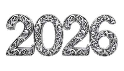 Elaborate silver digits forming the year 2026, on a stark black background