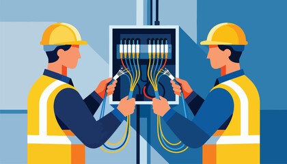 Two technicians connect fiber optic cables to a network panel