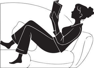 Fototapeta premium Black Silhouette of Woman Reading a Book while Relaxing on a Sofa or Couch