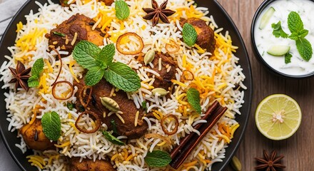 Aromatic chicken biryani served with refreshing raita and a lemon wedge, a delicious and flavorful meal.