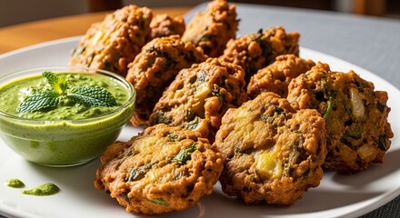 Crispy golden pakoras served with refreshing mint chutney on a white plate, a delicious snack.