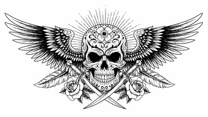 Winged Skull Emblem with Radiant Halo and Swords.