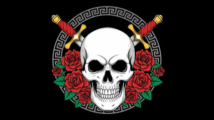 Skull with Roses and Swords Emblem Artwork.